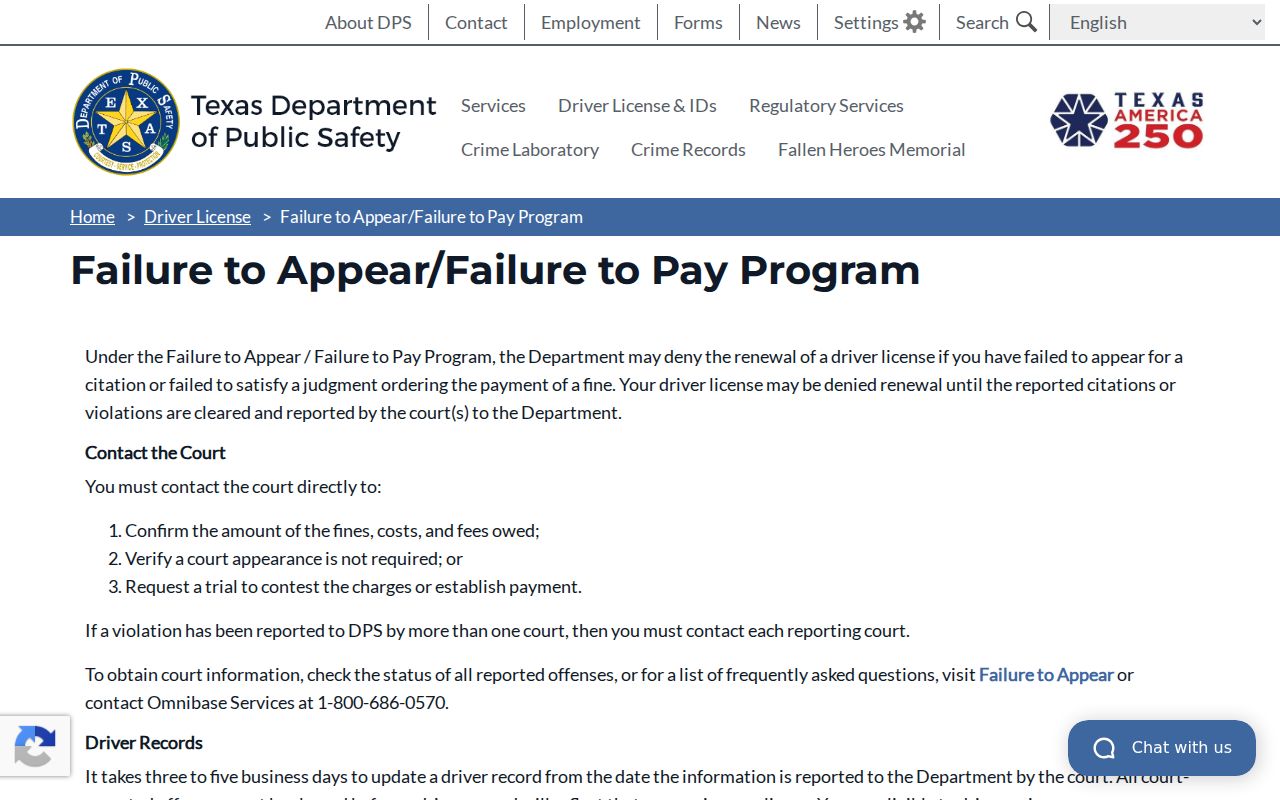 Texas DPS Failure to Appear and Failure to Pay program information